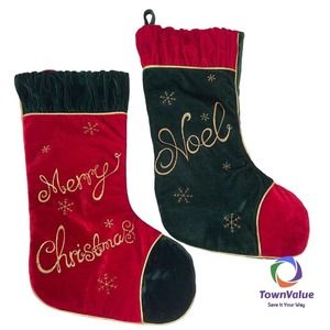 Merry Christmas Noel Stockings Set Of 2 Green Red Velour Home Holiday Decor